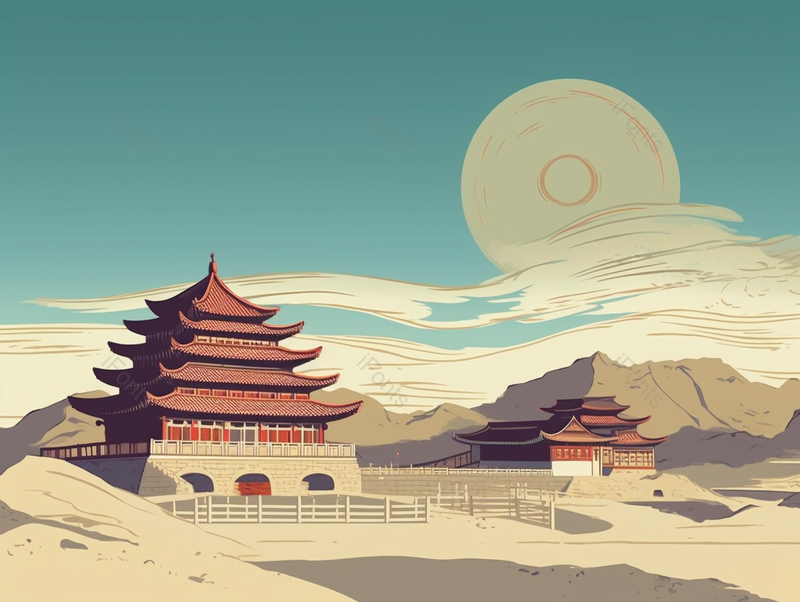 敦煌古城月牙泉鸣沙山古风城楼建筑背景插画,插画/手绘图,插画/手绘图库,插画/手绘图下载,插画/手绘